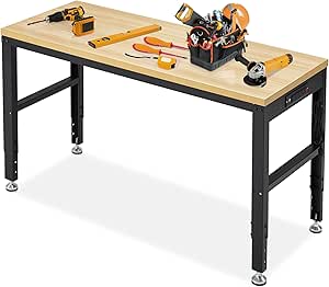 Adjustable Height Wood Workbench, 60" L X 24" W 2000 Lbs Capacity Heavy Duty Work Bench, Smooth Surface Work Table with Power Outlets for Garage, Workshop, Office, Home