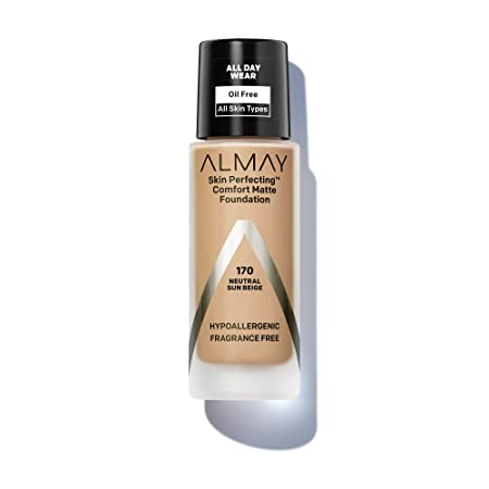 Almay Skin Perfecting Comfort Matte Foundation, Hypoallergenic, Cruelty Free, Fragrance Free, Dermatologist Tested Liquid Makeup, Neutral Sun Beige, 1 Fluid Ounce