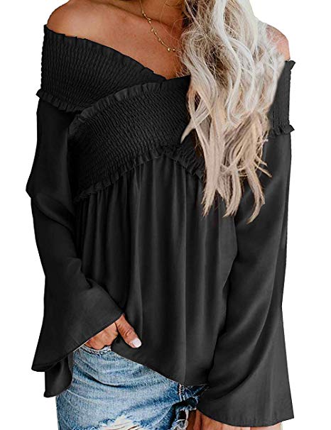 Sofia's Choice Womens Off Shoulder Bell Sleeve Tops Smocked Strapless Criss Cross Casual Loose Blouse Shirt