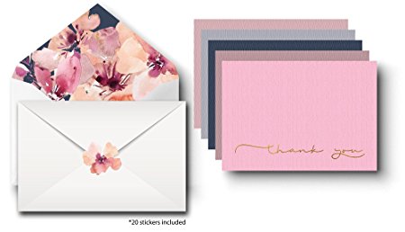 Thank You Cards - Includes 20 Bulk Blank Sets (5 Colors, 4 of each) on Linen Paper, Decorative Envelopes and Matching Stickers - Greeting Cards Assortment Great for Baby Showers, Birthdays & Weddings