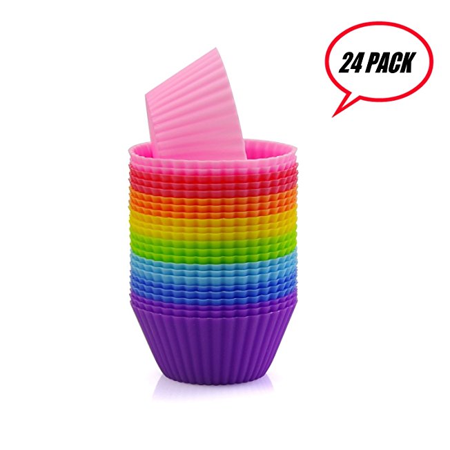 Prefer Green Reusable and Non-stick Silicone Baking Cups / Cupcake Liners/Muffins Cup Molds in storage Container-24 Pack