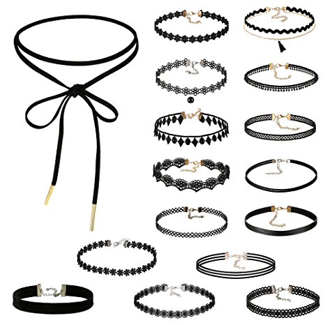 Choker Necklace, Xpatee Women Choker Necklace Set Black Velvet Lace Tattoo Choker Set Girls Stretch Necklace (16 PCS)