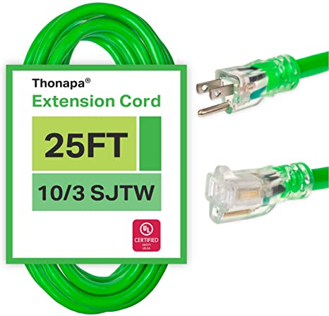 25 Foot Outdoor Extension Cord - 10/3 SJTW Neon Green 10 Gauge Cable with 3 Prong Grounded Plug for Safety - Great for Garden and Major Appliances