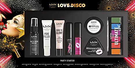 NYX Professional Makeup Party Starter Makeup Set, 8 Pieces, Lip Care, Eye Makeup, Priming and Setting Makeup, Mini and Regular Sizes, Ideal Gift for Makeup Lovers