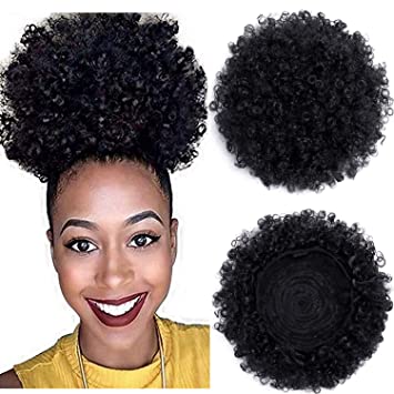 BEIRA Synthetic Afro Puff Drawstring Ponytail Short Kinky Curly Hair Bun Extension Donut Chignon Hairpieces Wig Updo Hair Extensions with Two Clips (Black)