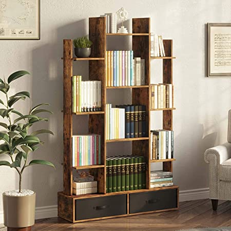 Rolanstar Bookshelf Bookcase with Drawer, Free Standing Tree Bookcase, Display Floor Standing Storage Shelf for Books CDs Plants,Utility Organizer Shelves for Living Room, Office Room BC002-YW-RR