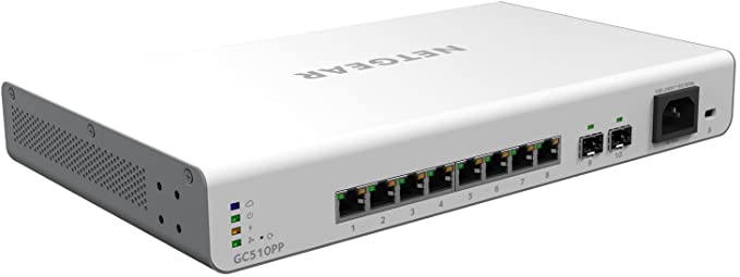 NETGEAR 10-Port Gigabit Ethernet Smart Managed Pro PoE Switch with Insight Cloud Management (GC510PP) - with 8 x PoE  @ 195W, 2 x 1G SFP, Desktop/Rackmount