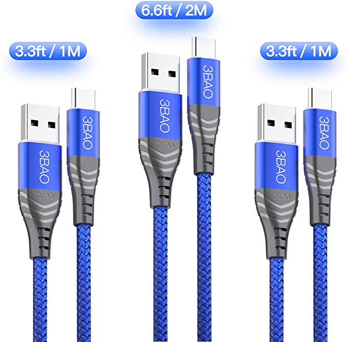 USB Type C Fast Charging Cable,(3-Pack 3.3ft 3.3ft 6.6ft)Nylon Braided USB C Charger Cord USB 2.0 A to USB C Cable 3A Data Sync for Samsung Galaxy S10 S10e S8 Plus Note 9 8,LG G5 G6 V2 V30,Motorola G6 Plus/ G7,Google Pixel 2/2XL,Nintendo Switch,Huawei,and more(Blue)