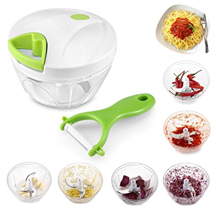 Food Chopper, (Uten) Super Easy Pulling Hand Held Vegetable Fruit Mixer/Blender With 3 Sharp Stainless Steel Blades, Suitable for Salad,Fruits,Vegetables,Nuts,Herbs,Onions,Sauces,Purees [4-Cup Capacity,1 Pack,Green]