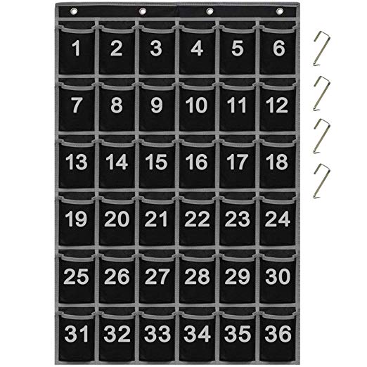 Eamay Classroom Numbered Pocket Chart,Hanging Pocket Organizer for Classroom Calculator and Cell Phone Holder,Non-woven with 4 Metal Hooks 36 Pocket Hanging Wall Organizer
