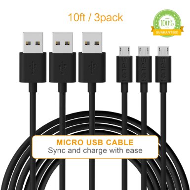 KinpsPremium High Speed Black Micro USB Data Charging Cord Cable for Android Samsung LG HTC Motorola Sprint Sony Blackberry and Other Tablet Smartphone 10FT- 3 Pack