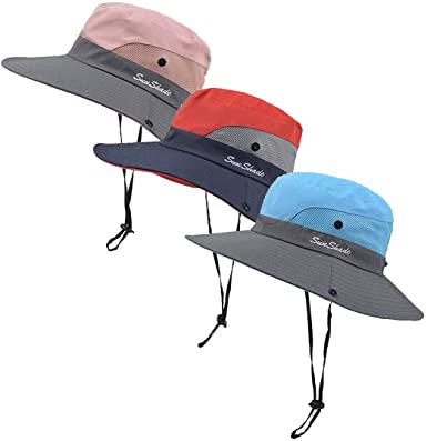 3 Pieces Women's Outdoor Ponytail Safari Sun Hat Foldable Mesh Wide Brim Beach Fishing Hat