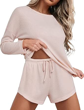 Ekouaer Womens Waffle Knit Pajama Sets Long Sleeve Top and Shorts Matching Lounge Set Loungewear Sweatsuit with Pockets