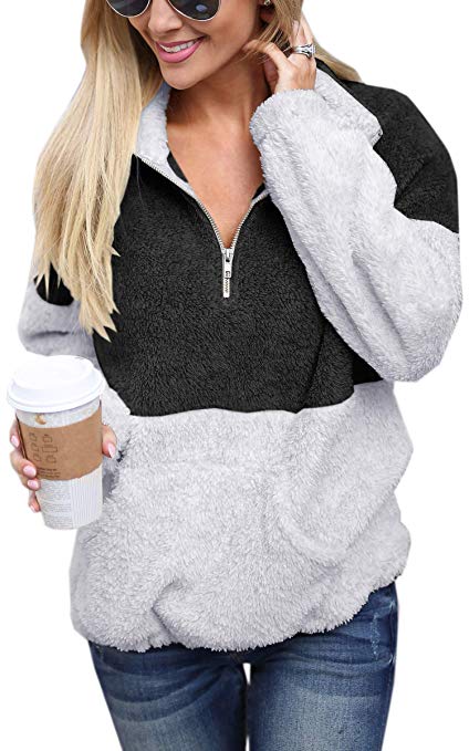 Angashion Womens Long Sleeve Half Zip Fuzzy Fleece Pullover Jacket Outwear Sweatshirt Tops Coat with Pocket