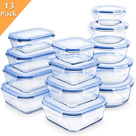 Enther 26 Pieces 13 PACK Glass Food Storage Containers Meal Prep with Lids Airtight Bento Box for Lunch Oven/Freezer/Dishwasher/Microwave Safe Leakproof, 7 to 52 oz, Clear