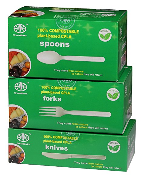 GreenWorks 100% Biodegradable Compostable CPLA Cornstarch 7" Large Heavyweight 300 Ct Cutlery Set,100 Forks 100 Spoons 100 Knives