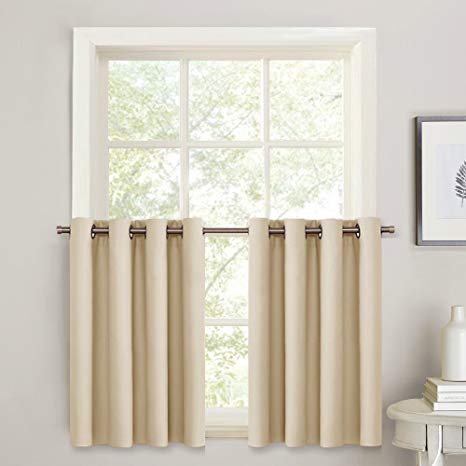 PONY DANCE Window Curtain Valances - 36 inch Long Blackout Tiers Thermal Drapes Microfiber Fabric Light Block Energy Saving for Bedroom Home Decor, 52 x 36 in, Beige, Set of 2 Panels