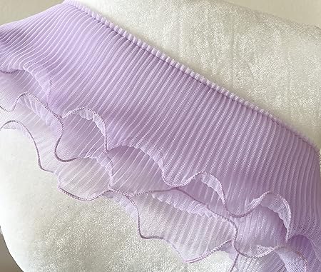 PEPPERLONELY 1 Yard 3-Layer Pleated Tulle Lace Chiffon Fabric Ribbon Fringe Elastic Ruffle Trim Dress Collar Cuffs DIY Sewing Material, 5 Inches Width, Light Purple