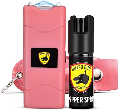 Guard Dog Security Pepper Spray and Stun Gun - Long Range 16 Feet Pepper Spray Keychain, High Voltage Stun Capability with Charger - Self Defense Kit for Women and Men