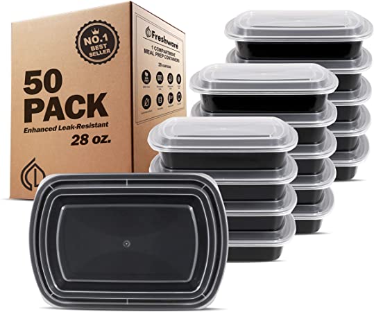 Freshware Meal Prep Containers [50 Pack] 1 Compartment Food Storage Containers with Lids, Bento Box | BPA Free | Stackable | Microwave/Dishwasher/Freezer Safe, Portion Control, 21 Day Fix (28 oz)