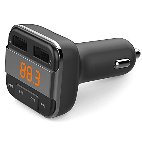Perbeat Car Bluetooth FM transmitter for iPhone/Android with MP3 Music controls. Dual USB Charging ports. Supports USB/Micro SD card. Hands Free Remote control
