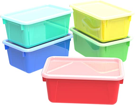 Storex Small Cubby Bins with Covers, 12.2 x 7.8 x 5.1 Inches, Assorted Colors, Case of 5 (62406U05C)