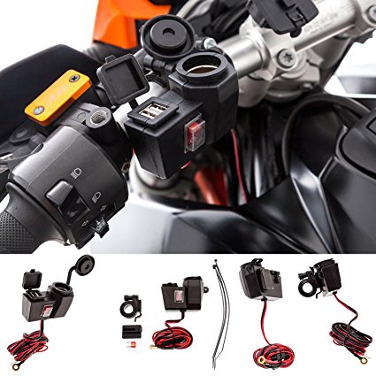 UltimateAddons Motorcycle 5V 2 Amp Power Supply 2 USB Dual Ports & Cigarette Socket Handlebar Mount