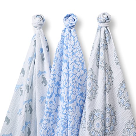 SwaddleDesigns SwaddleLite, Set of 3 Marquisette Swaddle Blankets, Premium Cotton Muslin, Blue Lush Lite
