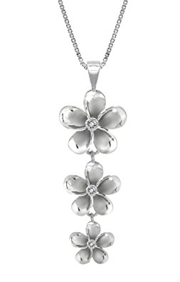 Sterling Silver Three Plumeria CZ Necklace with 18" Box Chain