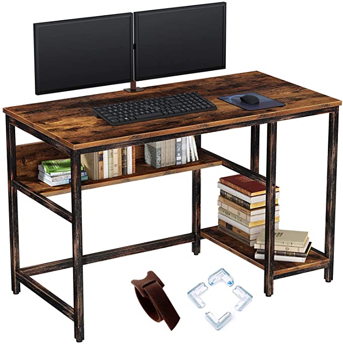 Rolanstar Computer Desk, 47" Home Office Desk with 2 Storage Shelves and Corner Protectors, Study Table, Workstation,Stable Metal Frame, Industial Style, Rustic