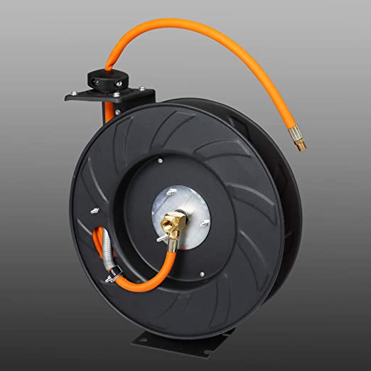 VINGLI Retractable Air Hose Reel 3/8 in. x 50 ft Auto Rewind 4 Roller Hose Guide Air Tool Air Compressor Hose Reel with Leading Hose Brass Fitting 300PSI Heavy Duty Reel