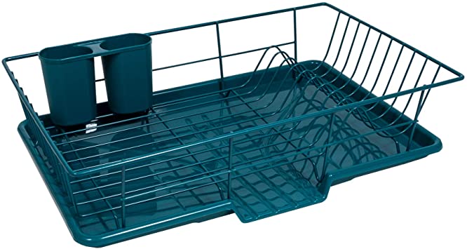 Sweet Home Collection DSH-DRN-3PC-TEAL 3 Piece Dish Drainer Rack Set with Drying Board and Utensil Holder, 12" x 19" x 5", Teal