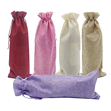 Shintop 10pcs Jute Wine Bags, 14.4 x 5.6 inches Hessian Wine Bottle Gift Bags with Drawstring （5 colors）