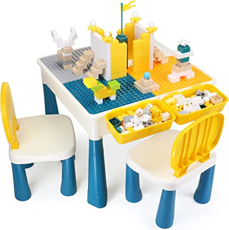 AMOSTING Kids Activity Height Adjustable Table and 2 Chair Set ，include 100Pcs Large Size Blocks Compatible with big blocks. Durable plastic Toy Storage for kids.