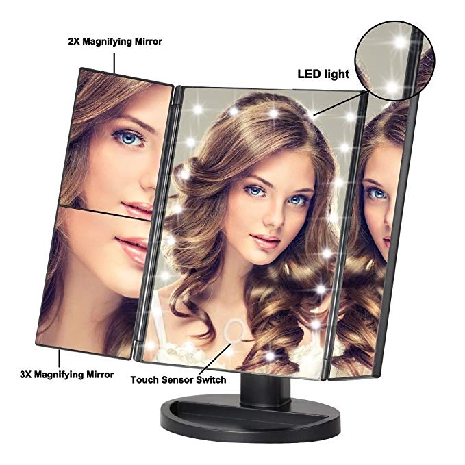 Makeup Vanity Mirror Black with 21 LED Lights, 3X/2X Magnification Led Makeup Mirror with Touch Screen, Dual Power Supply,180° Adjustable Rotation, Countertop Vanity Mirror