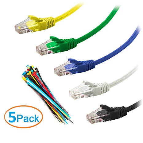 Aurum Cable Cat6 Snagless Ethernet Network Cable - 5 Feet - 5 Pack - Multicolored - Yellow, Green, Blue, White, Black