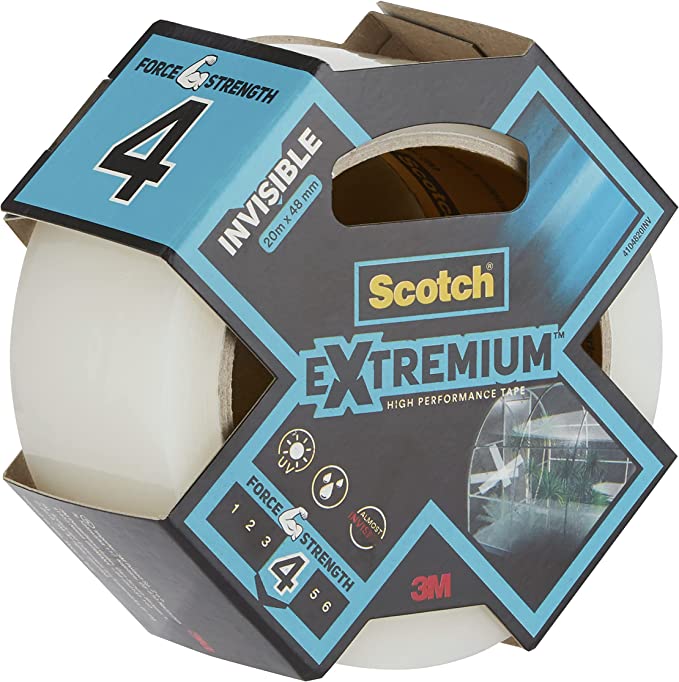 Scotch Extremium Invisible, High performance Duct Tape 20 m x 48 mm, Transparent - Extra Strong Adhesive, Ideal for all Discreet Repairs, For Glass and Plastic, No Yellowing, Water and UV-Resistant