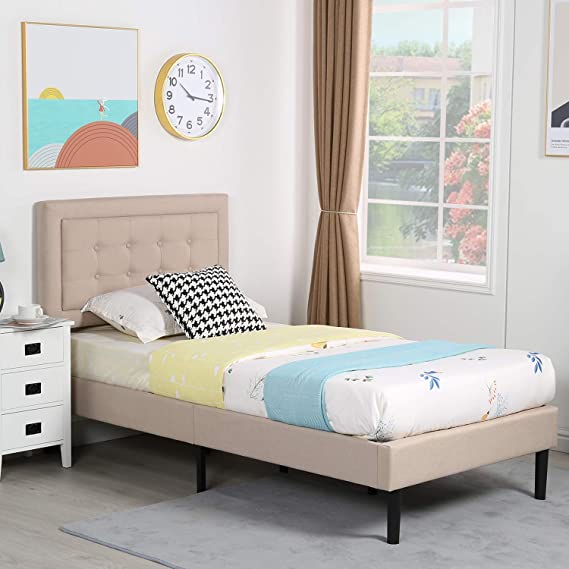 VECELO Upholstered Platform Bed Frame with Height Adjustable Headboard/Mattress Foundation with Strong Slat Support, Easy Assembly (Twin, Beige)