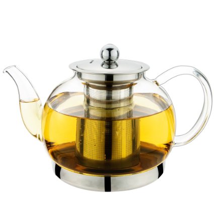 Toyo Glass Teapot with Stainless Steel Lid, Large Capacity Water Pot with Safe Filter - No Spill- Heat Resistant Elegant Glass Teapot,Tea Kettle for Home,42 Oz/1200ML