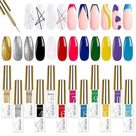 Coosa 12 Colors Painting Drawing Liner Pen Gel with Brush Nail Panting Polish Gel Nail Art Wire Drawing Gel for Line Drawing Nail Paint Pull Line Nail Art Decoration
