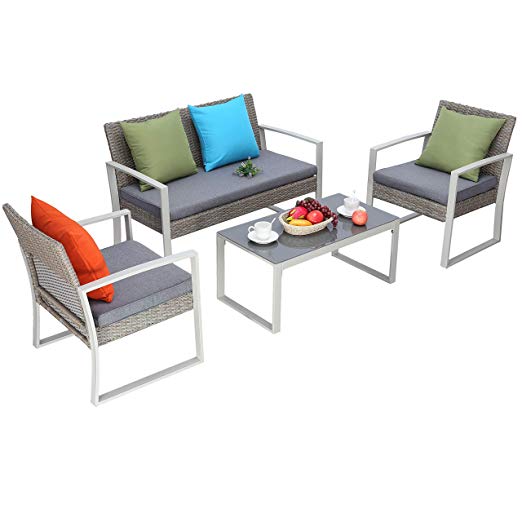Do4U 4 PCS Outdoor Patio Furniture Conversation Set Cushioned PE Wicker Bistro Table Set with Coffee Table Loveseat 2 Single Sofas, Durable Steel Garden Lawn Dining Set Rattan Chairs (9779-YLW)