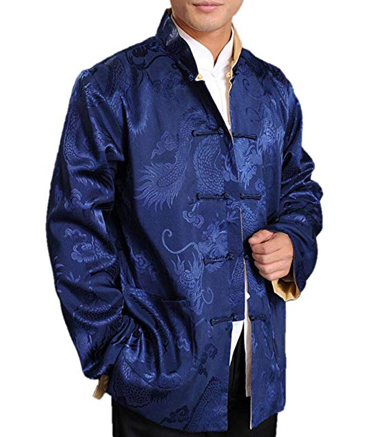 Chinese Tai Chi Kungfu Reversible Blue/Gold Jacket Blazer 100% Silk Brocade #105 + Free Magazine