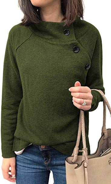 Angashion Women's Sweatshirts - Casual Button Down Asymmetrical High Neck Fleece Lined Long Sleeve Pullover Sweatshirt Tops