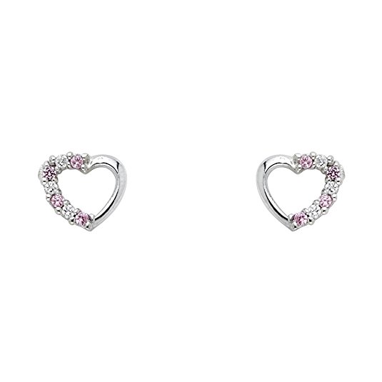 Sterling Silver Rhodium Plated CZ Open Heart Stud Earrings with Screw Back - 3 Different Color Available