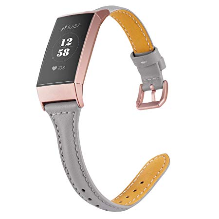 Wearlizer for Fitbit Charge 3 Strap Leather, Slim Leather Straps Replacement Wrist Band for Charge 3 with Pink Buckle