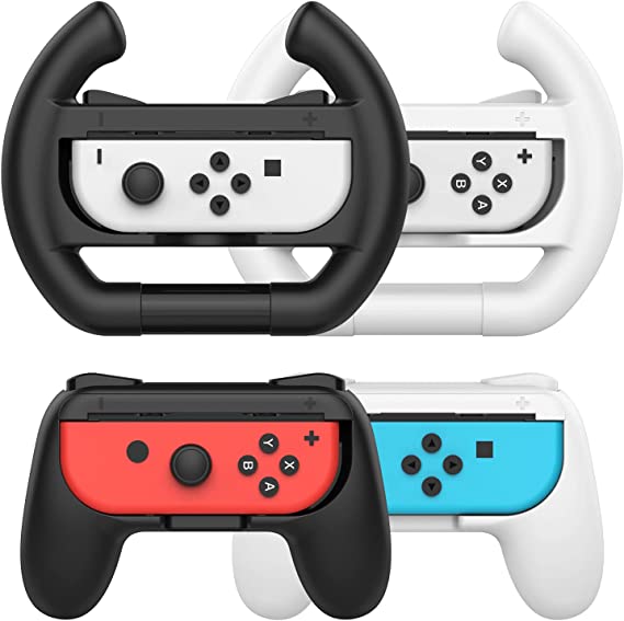 MoKo Steering Wheel & Grips for Nintendo Switch OLED 2021/Switch Joy-Con Controllers, 2 Pack Mariokart Racing Steering Wheel & 2 Pack Comfort Hand Grip Handle Kit for Mario Kart 8 Deluxe, Black&White