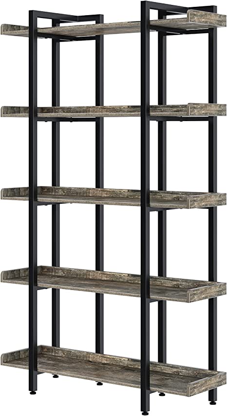 Rolanstar Bookshelf Bookcase, 5-Tier 6 Foot Etagere Bookshelf, Metal and Wood Industrial Bookshelf, Free Standing Open Storage Display Shelves Organizer