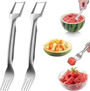 2-in-1 Stainless Steel Fruit Cutter, 2024 New Upgrade Watermelon Fork Slicer Cutter Slicer Tool, Dual Head Fruit Forks Slicer Knife,Summer Watermelon Fruit Cutting Home Kitchen Gadgets (2Pcs)