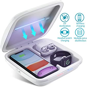 UV Cell Phone Sanitizer, Multi-Function Wireless Charger Portable UV Light Sanitizer 3-in-1 UV Cleaner Box for All Smart Phone, Headset, Jewelry, Watch, Glasses (4-White)