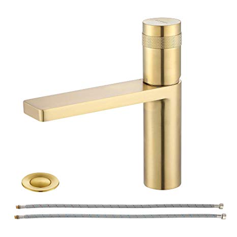 EZANDA Brass Single Handle Bathroom Faucet with Deck Plate, Pop-up Sink Drain Assembly & Faucet Supply Lines, Brushed Gold, 1416408